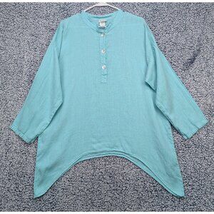 Match Point Tunic Blouse Womens M 100% Linen Lagenlook Peasant Boho Beachy Blue